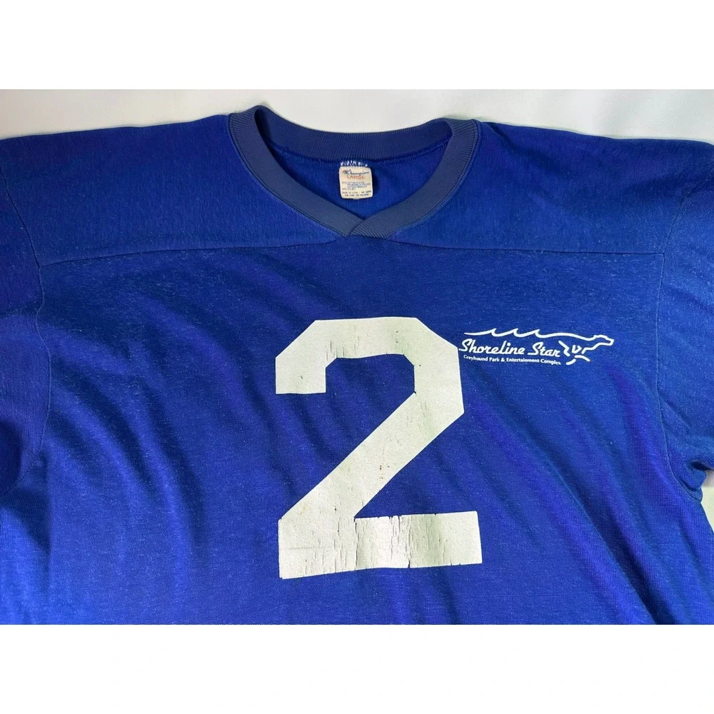 Vintage 70s Champion Blue Bar Jersey Shoreline Star Greyhound Park 69 Large‎ USA